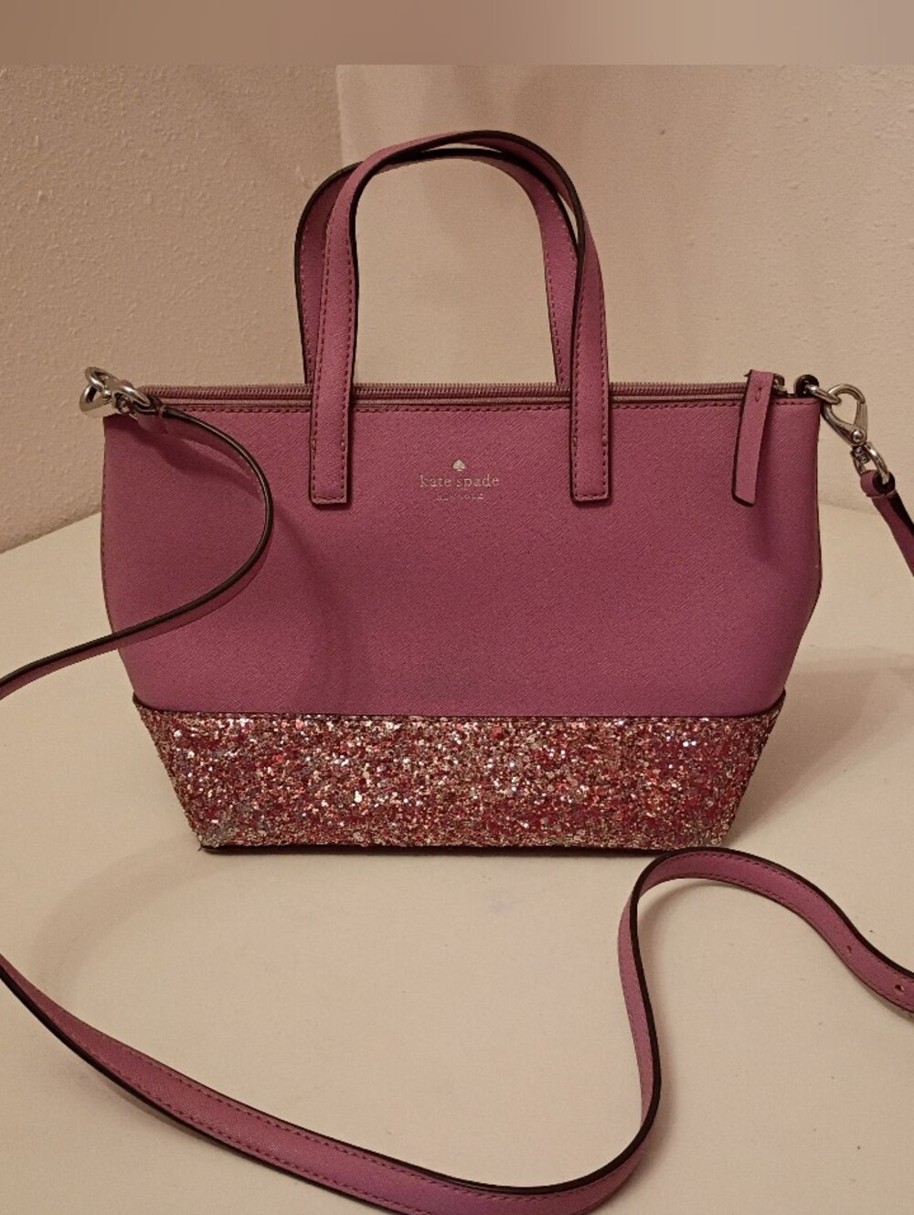Kate Spade - Mauve Crossbody Purse with Glitter on Bottom Edge